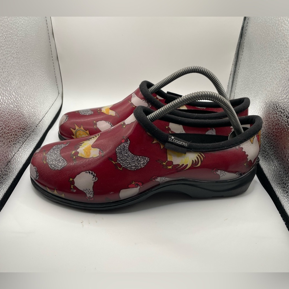 Sloggers Red Chicken Print Garden Clogs size 10